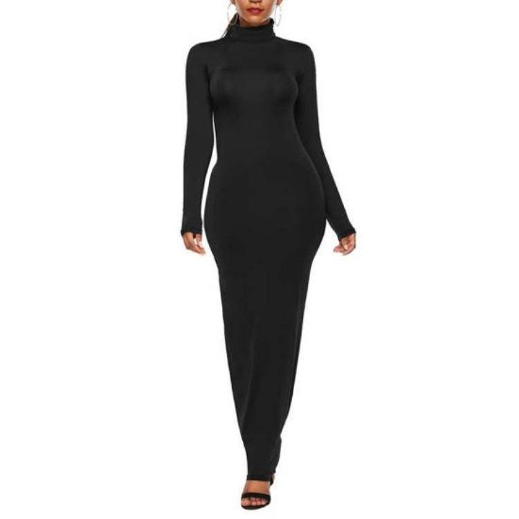 Stretchy Bodycon Long Dress Solid Color Turtle Neck Casual Womens Long Sleeve