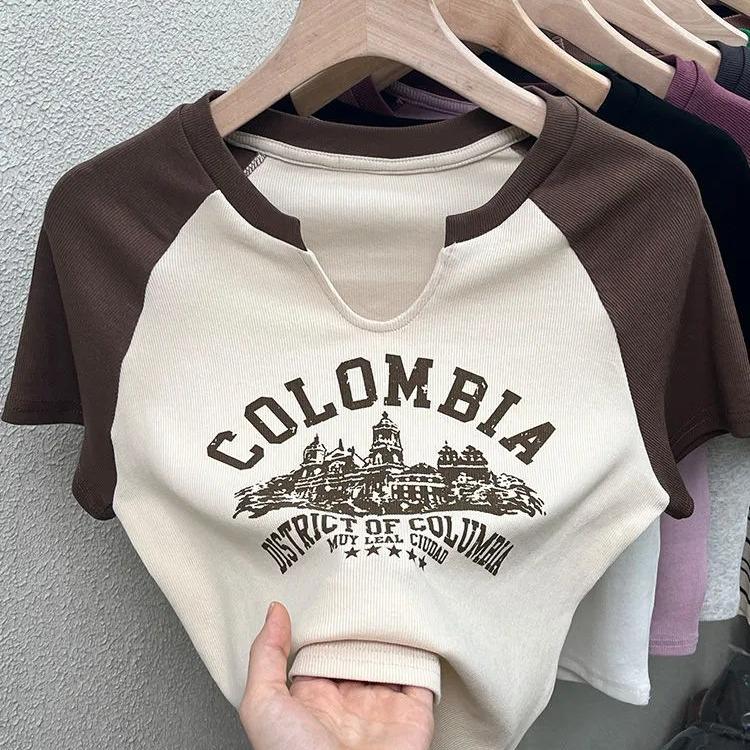 

Ретро Американский Шик Гонконгский Стиль Милый Кроп-Топ с Короткими Рукавами - Женская Летняя Модная Футболка XL (115-130 jin) хаки