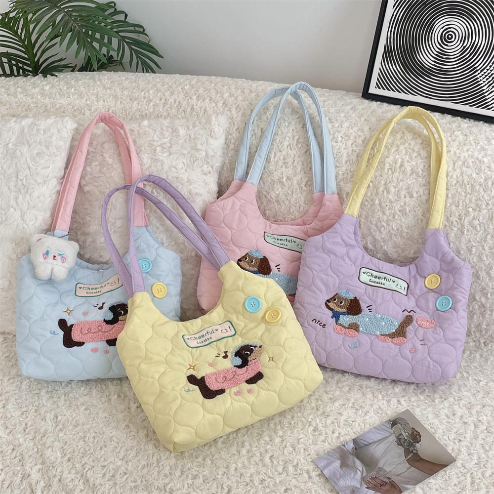 Trendy Street Style Student Tote Bag With Cute Embroidered Dog In Beautiful Hues