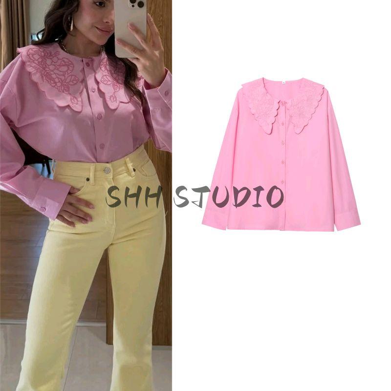 Summer New Product Women's Clothes Preppy Style Round Neck Long Sleeves Single Row Multi-Buckle Embroider Decorative Loose Design Shirt Tops