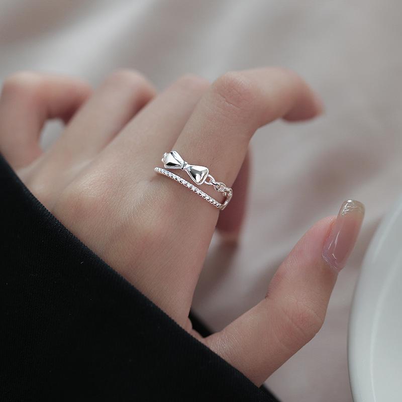 Sweet Cute Double Layered Bowknot Rings for Women Girls Light Luxury Exquisit Silver Color Adjustable Rings Jewelry Accessories