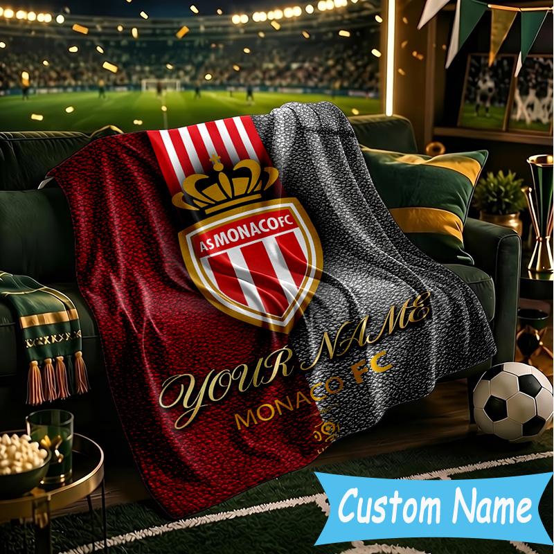 Custom Name As Monaco Fc Crest Flannel Blanket, Use for Birthday/Holiday Gift, Soft Blanket for Sofa/Bed/Camping/Office, Home Decor