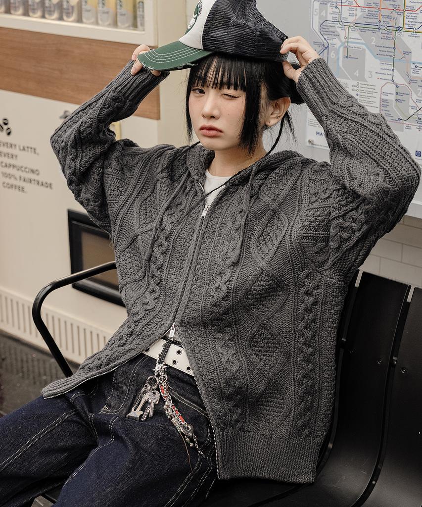 Lemain Second 2Way_Aran Washable Oversized Cable Hooded Zip-Up Knit [Charcoal]