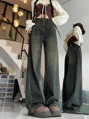 Women's Retro Wide-Leg Plus Size Jeans - Autumn/Winter Pear Shape Slimming Straight Floor-Length Pants