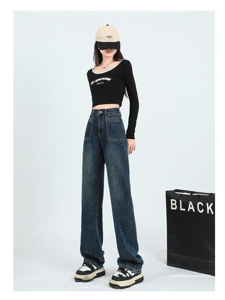 American Style High-Waist Loose Velvet Denim Pants for Women - Thickened, Floor-Length, Pear-Shaped, Fashionable Wide-Leg Design