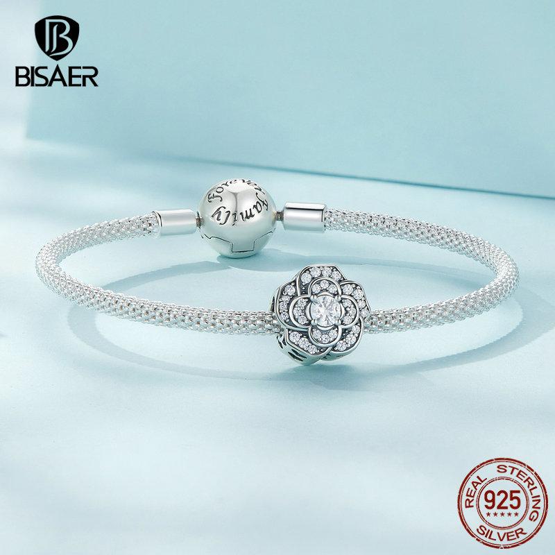 Bisaer 925 Sterling Silver Camellia Charm Beads for Women Original Bracelet Jewelry