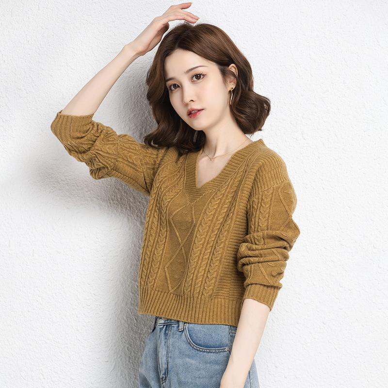 V-neck Sweater Short High Waisted Knit Sweater for Women's Trend Short Inner Pullover Sweater Solid Color Casual Knit Sweater Spring and Autumn Top