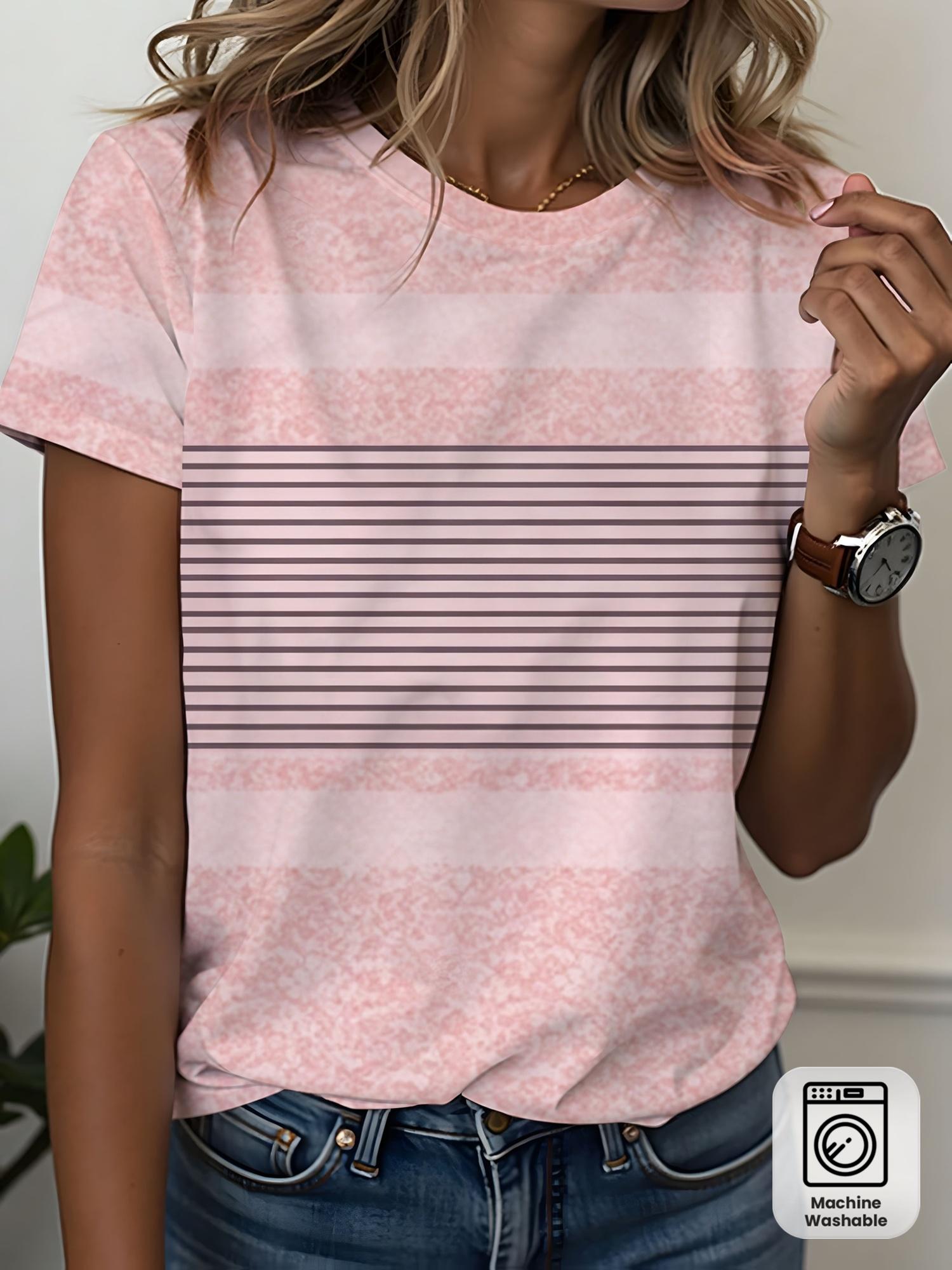 

All-over printed women s short-sleeved T-shirt - European and American style pink gradient stripe print, M