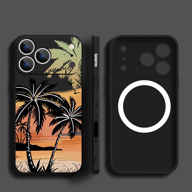 Magnetic For Magsafe Case For iPhone 17 Pro Max Seaside Coconut Print Soft Silicone Phone Back Cover For iPhone 16 15 14 13 Pro Max 16e 17e