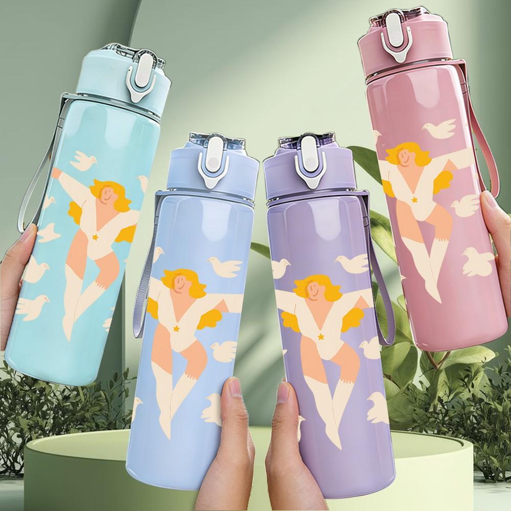 1PC Angel Wings Figure Nude Art 750ml Color Plastic Sports Water Bottle Leakproof Flip Straw Lid Suitable for Sports Office Home Use