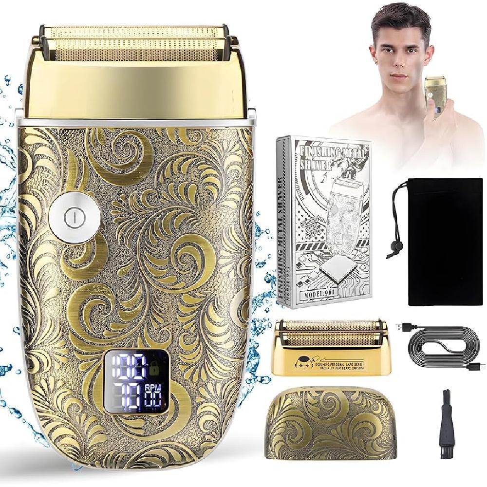 

Электробритвы для мужчин, регулируемая скорость, двойная сеточная бритва для бороды и лысины, водонепроницаемая аккумуляторная электрическая бритва большой емкости золотой