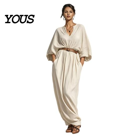 Elegant Casual Dress Women's Batwing Long Sleeve Maxi Dress, V Neck Flowy Versatile Women Summer Travel Vacation Loose Outfit with Belt Beach