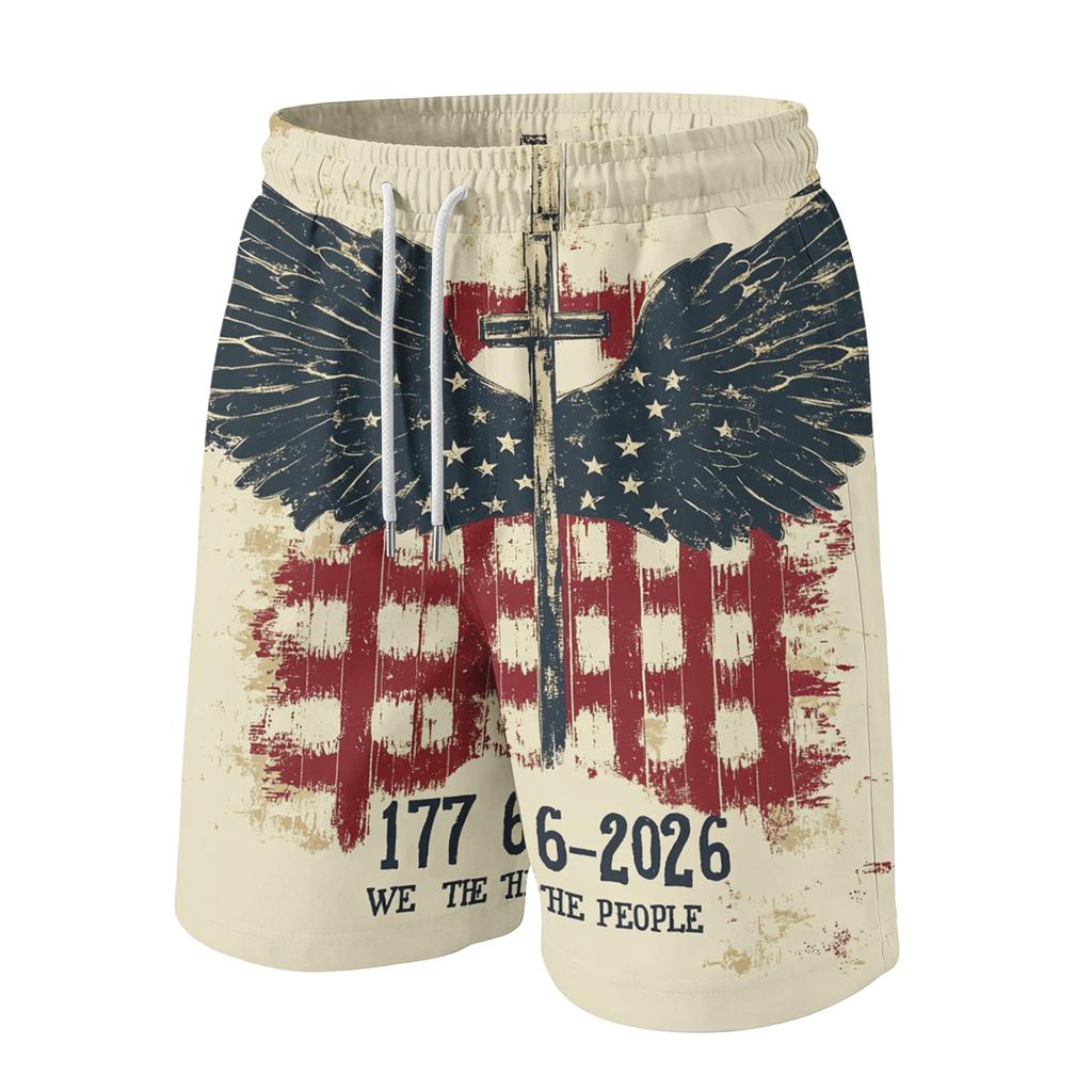 Men's Independence Day Print Drawstring Shorts - Elastic Waist Casual Summer Beach Shorts