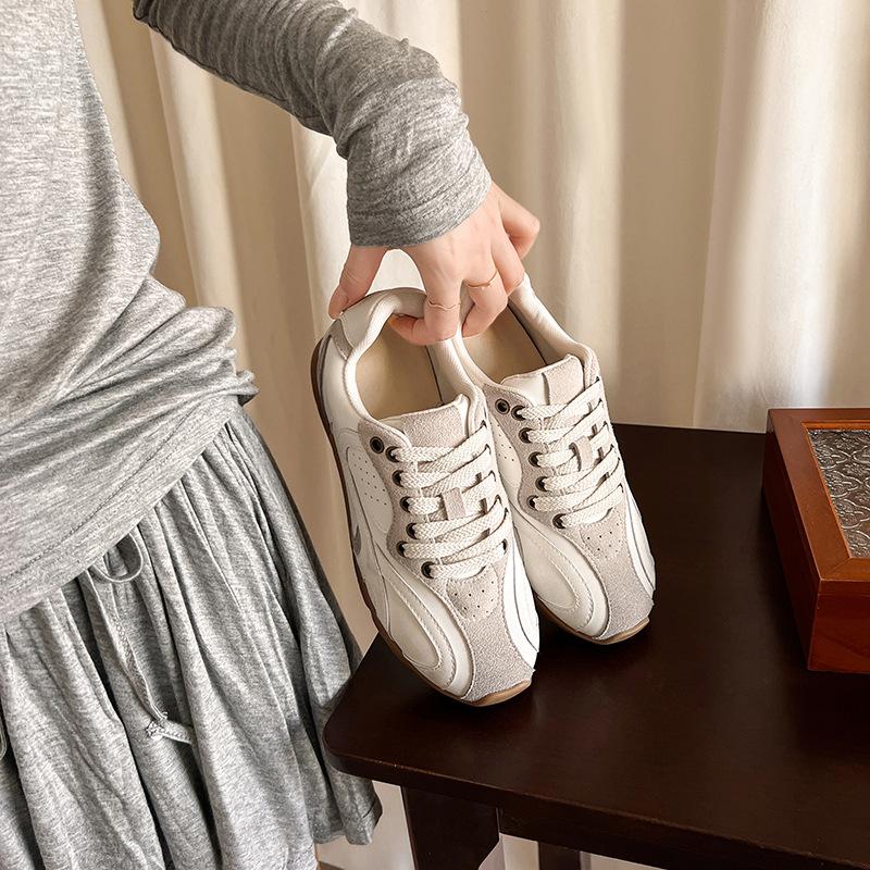 2025 autumn new cow velvet college wind moral training shoes soft waxy casual single shoes lace-up small yellow shoes confidential hair