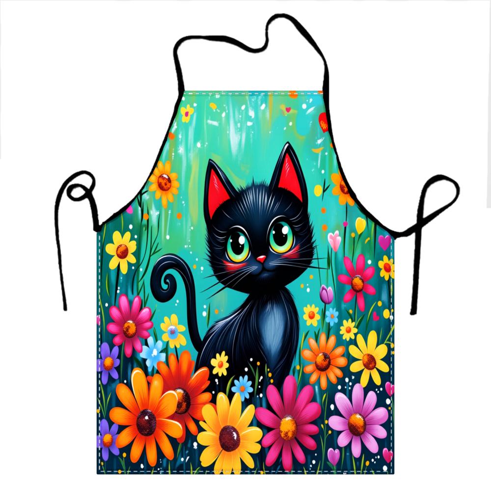 Cute Black Cat Floral Print Apron Kitchen Aprons Cooking Baking Gardening Adjustable Bibs