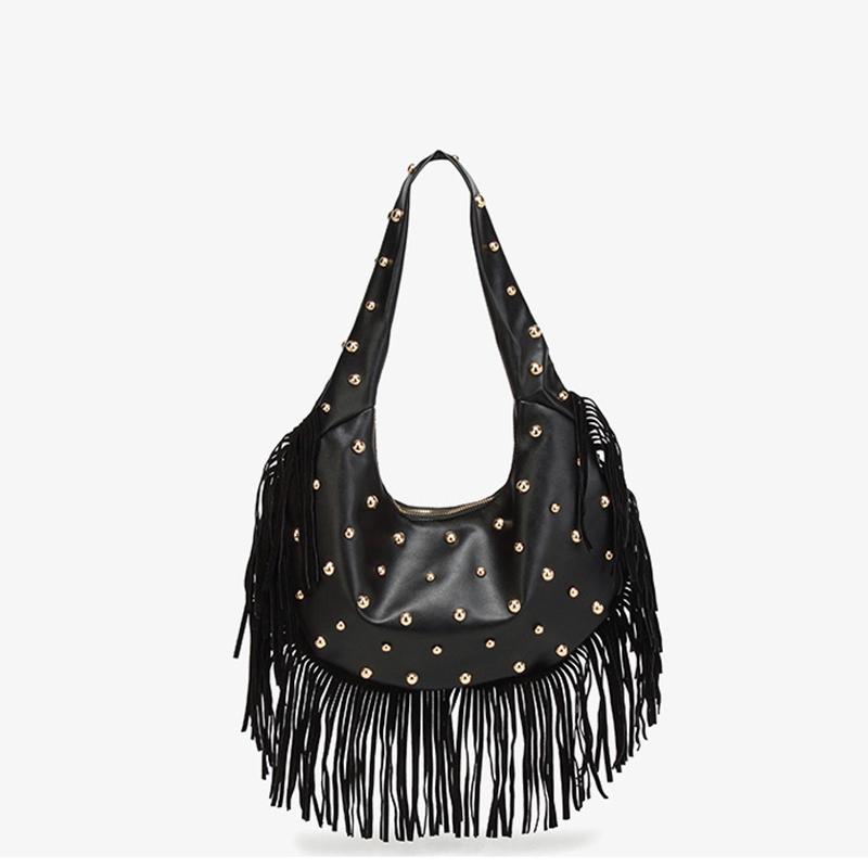 Yogodlns Fashion Personality Women's Underarm Bag Retro Leather Texture Tassel Rivet Bag Versatile Simple Trend Shoulder Bag