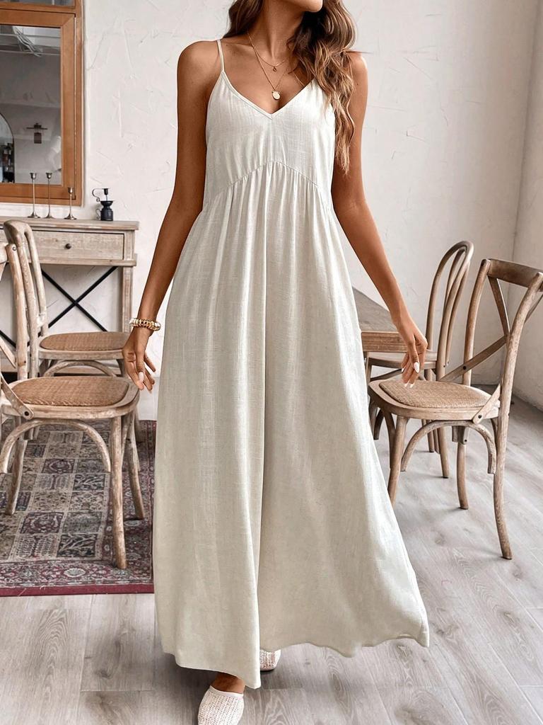 Elegant Women's Solid Color Cotton Linen Spaghetti Strap A-line Maxi Dress