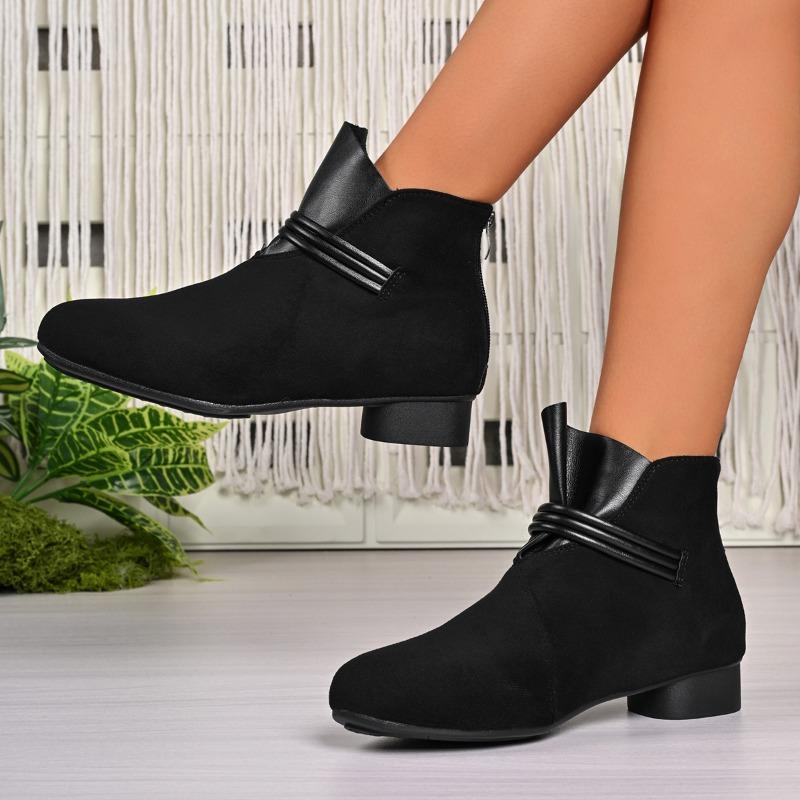 

Low Heel Booties Autumn New Round Toe Suede Spliced Rear Zipper Soft Sole Non-Slip Wear-Resistant Single Shoes 35 чёрный