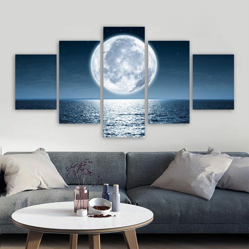 5 Panels Moon Sea Posters Canvas Painting Landscape Pictures Night Views Wall Art For Living Room Modern Home Decor No Frame