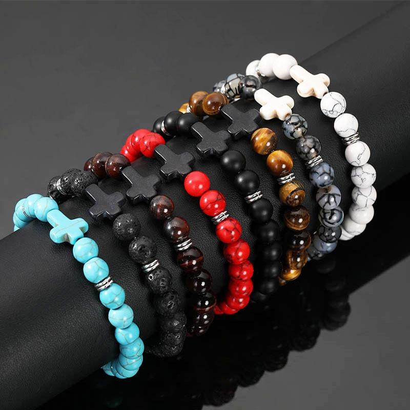 Natural Tiger Eye Quartz Turquoise Volcanic Stone Elastic Beaded Bracelets for Men Women Personality Cross Bracelet Jewelry Gift