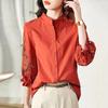Fashion Hollow Out Embroidery Blouse Women New Classic 3/4 Sleeve Sense of Design Solid Color Single-breasted O-collar Top