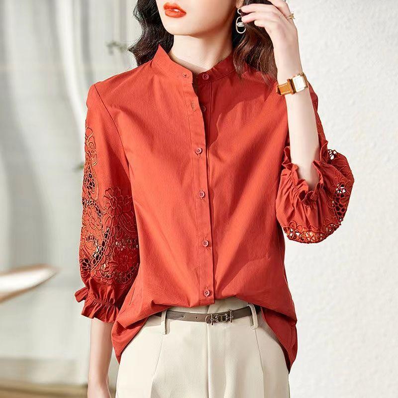 Fashion Hollow Out Embroidery Blouse Women New Classic 3/4 Sleeve Sense of Design Solid Color Single-breasted O-collar Top