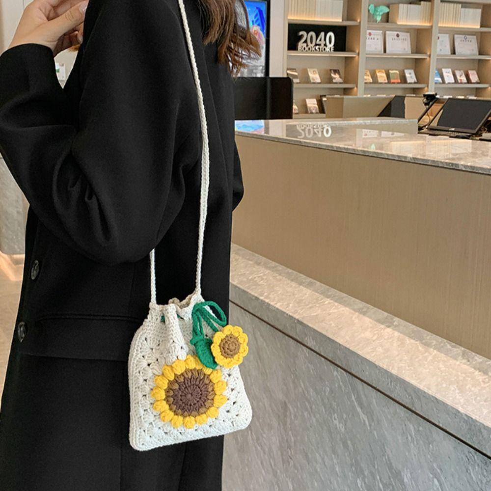 Drawstring Sunflower Shoulder Bag Knitted Sunflower Knitted Bag Handwoven Knit Bag Girl Gift