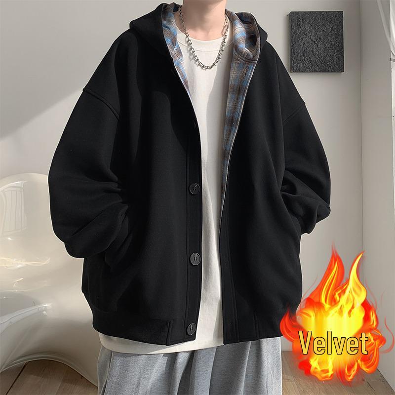 Men s Autumn-Winter Patchwork Plaid Hoodie: Korean-Style Trendy, High-End, Loose Fit Jacket XL чёрный