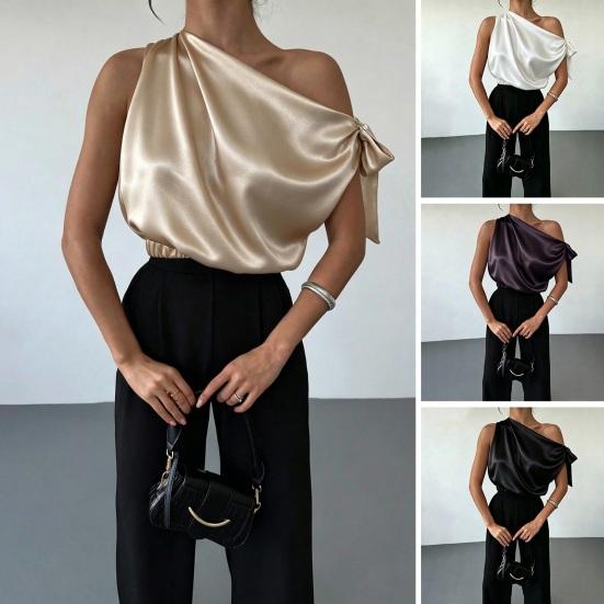 Women Shirt Slanted Shoulder Asymmetrical Off-Shoulder Bow Blouse Casual Commuting Style Loose Fit Satin Tops Daily Wear