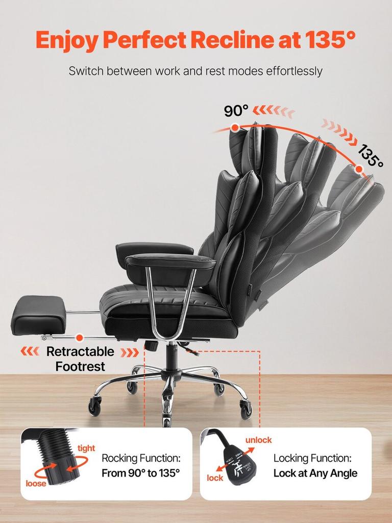 Executive Office Chair High Back Chair Footrest & Removable Armrests Black