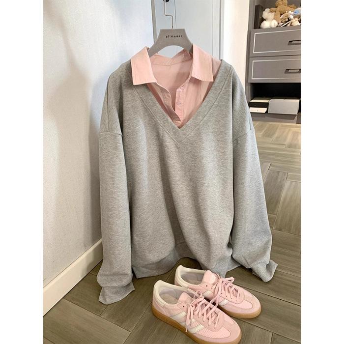 {Original Buhua cotton pure cotton} Fake two pieces gray sweater jacket autumn women s loose versatile polo collar 2XL розовый