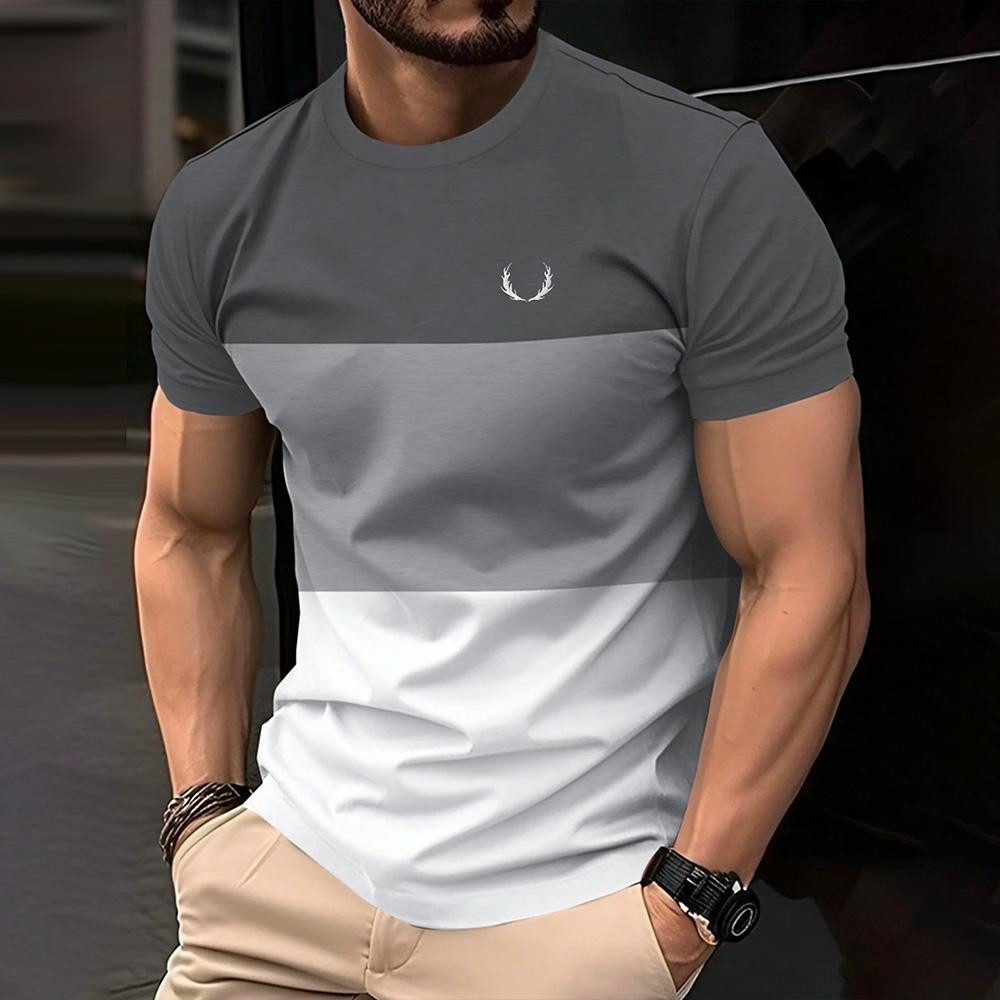 Fashion Men's Color Blocking Printed T-Shirt Casual Street Male Crew Neck Short Sleeve T Shirt Large Size Menswear Clothing