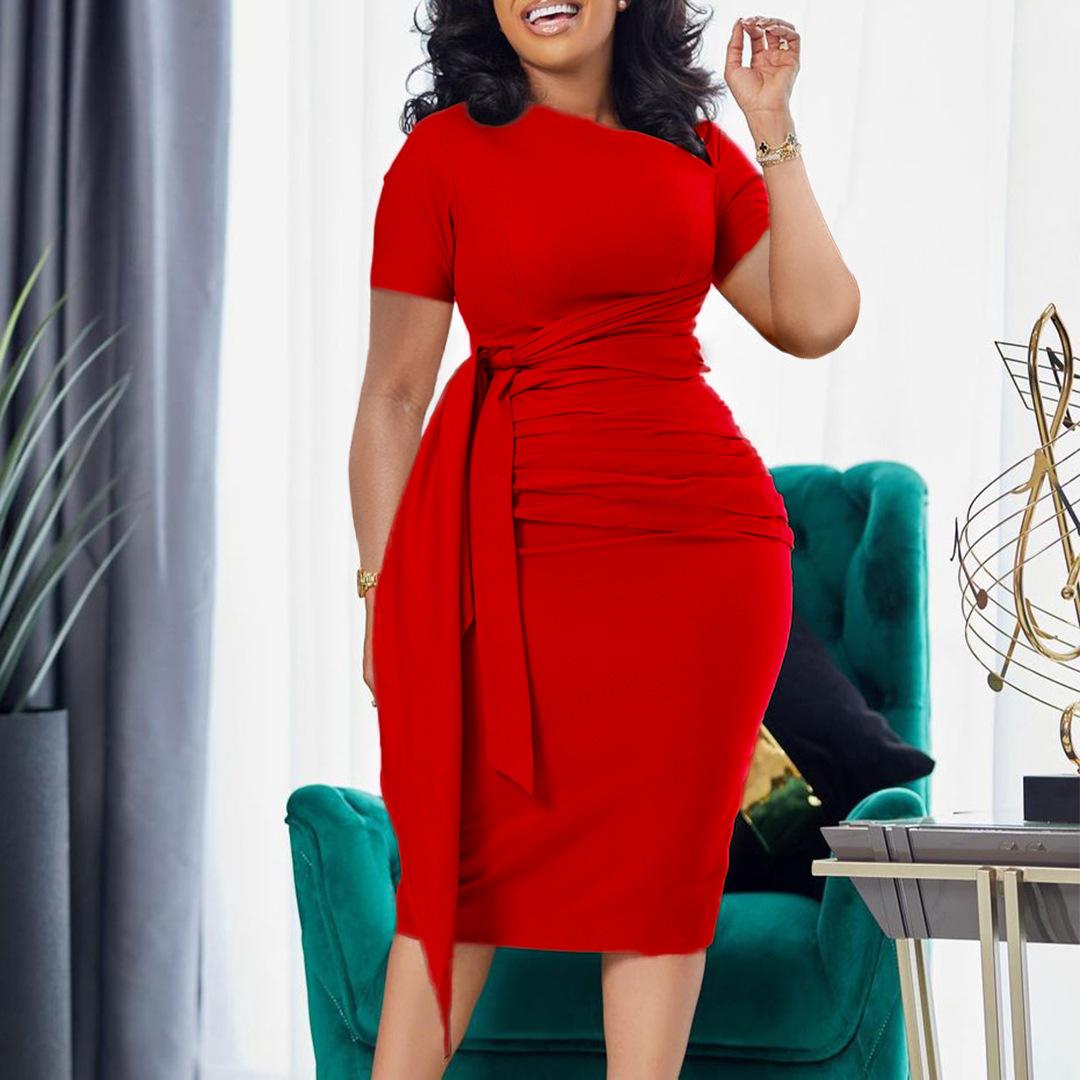 

Женское платье больших размеров, летнее модное плиссированное платье с коротким рукавом, элегантное платье с диагональным вырезом и завязками S красный