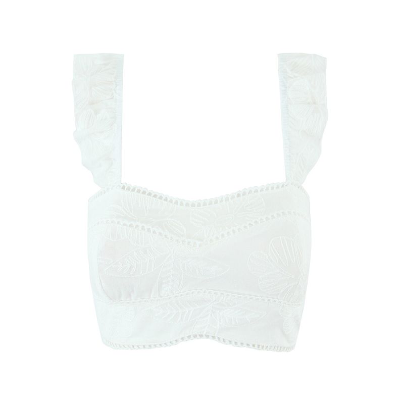 

Seaside Vacation Wear French style Beautiful Romantic Atmosphere Waist Flower Embroidery Sling Short Jacket + Skirt Set White Short Strap Top L