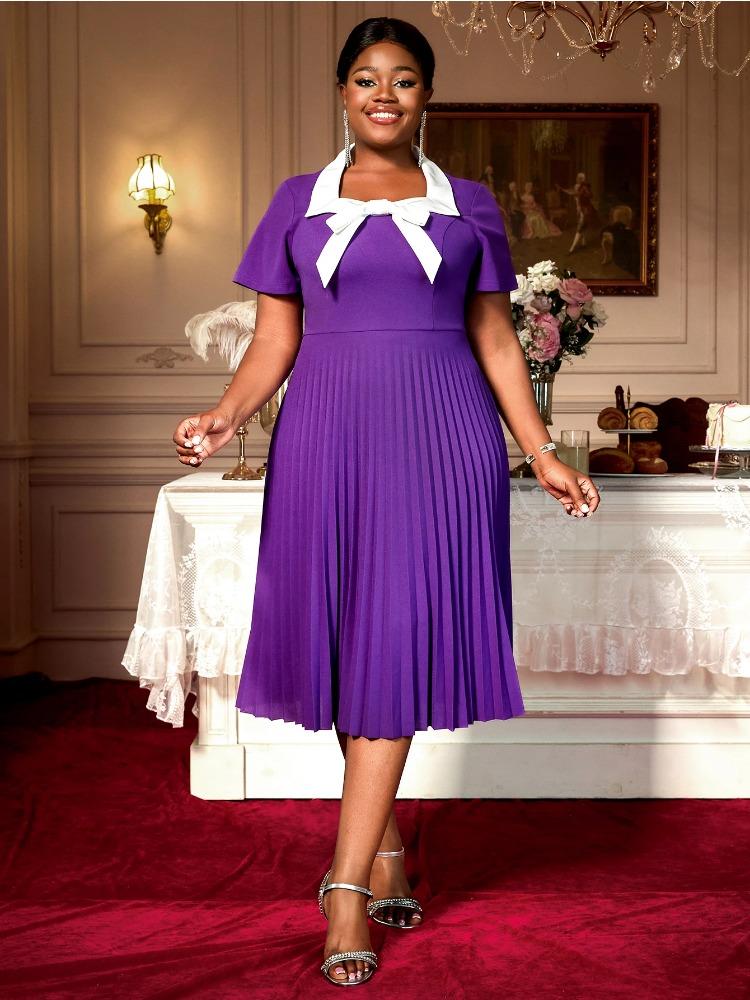 Bow Tie Colorblock Short Sleeve Pleated Dress Elegant Slim Fit Style for Women Summer Wedding Guest Dress New Arrival