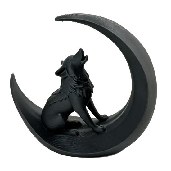 3D Printed Howling On Moon Wolf Sculpture Wolf Statue Wolf Figurine Black
