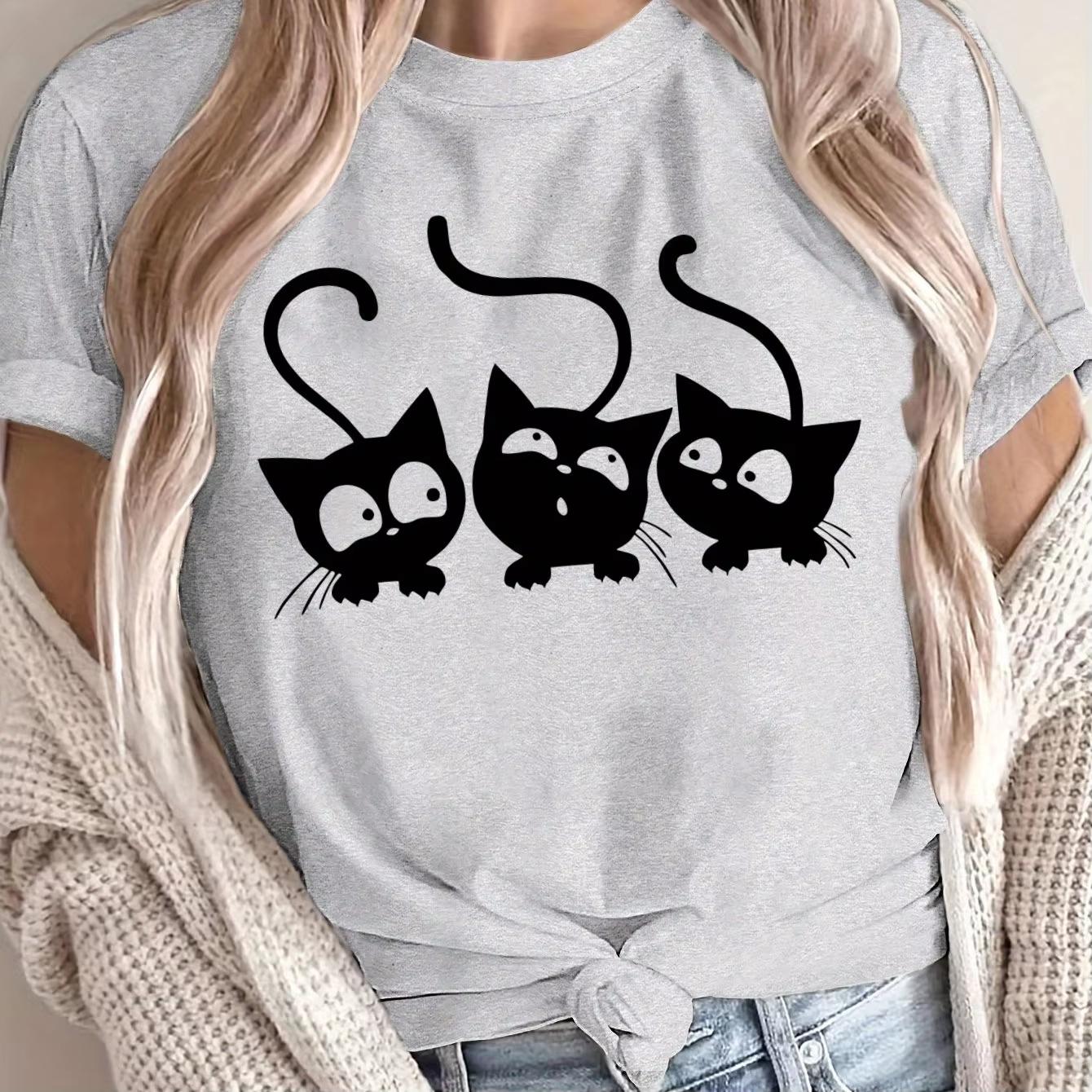 

Womens Plus Size Cute Cat Prints Tshirt Cotton Breathable Fashionable and Versatile Unisex Streetwear 4XL