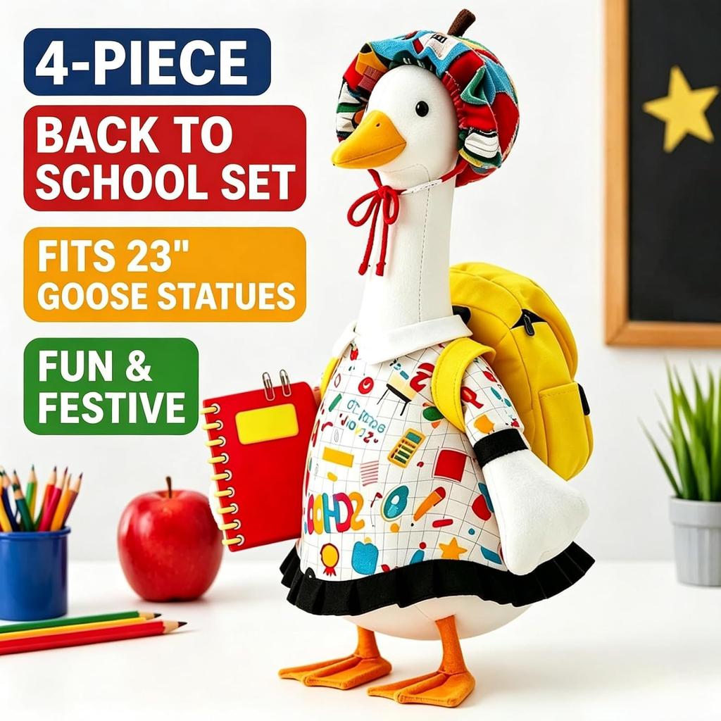 23-Inch Porch Goose Costume with Back to School Theme Printed Dress Hat Backpack Pencil Set for Outdoor Garden Yard Lawn Decoration