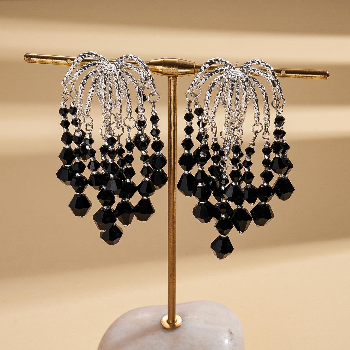 Стеклянные геометрические секции с бусинами, кисточкой, серьги с серебряной иглой