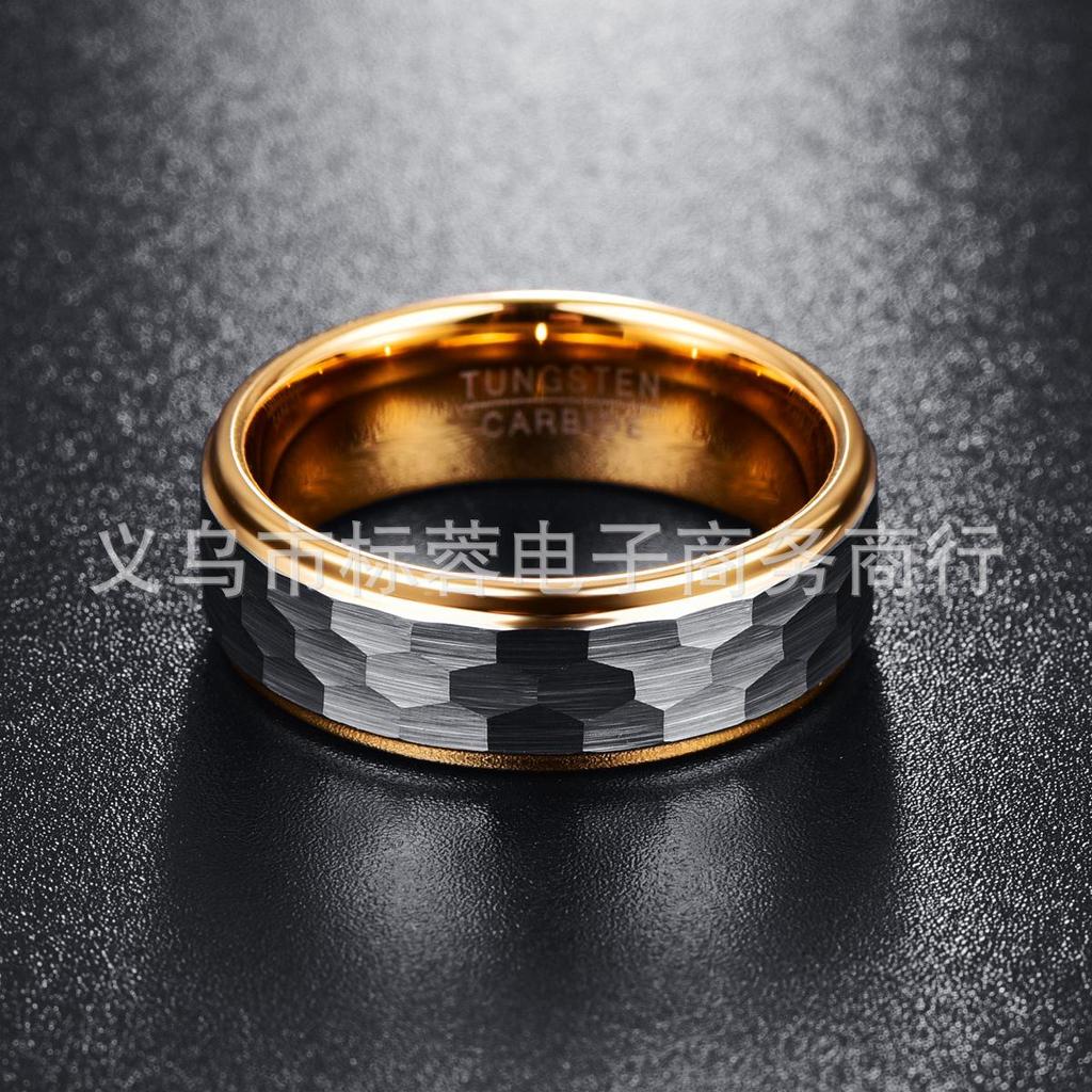 Silver-Gray Matte Hexagonal Tungsten Steel Ring with Gold-Plated Inner Circle - 8MM Wide