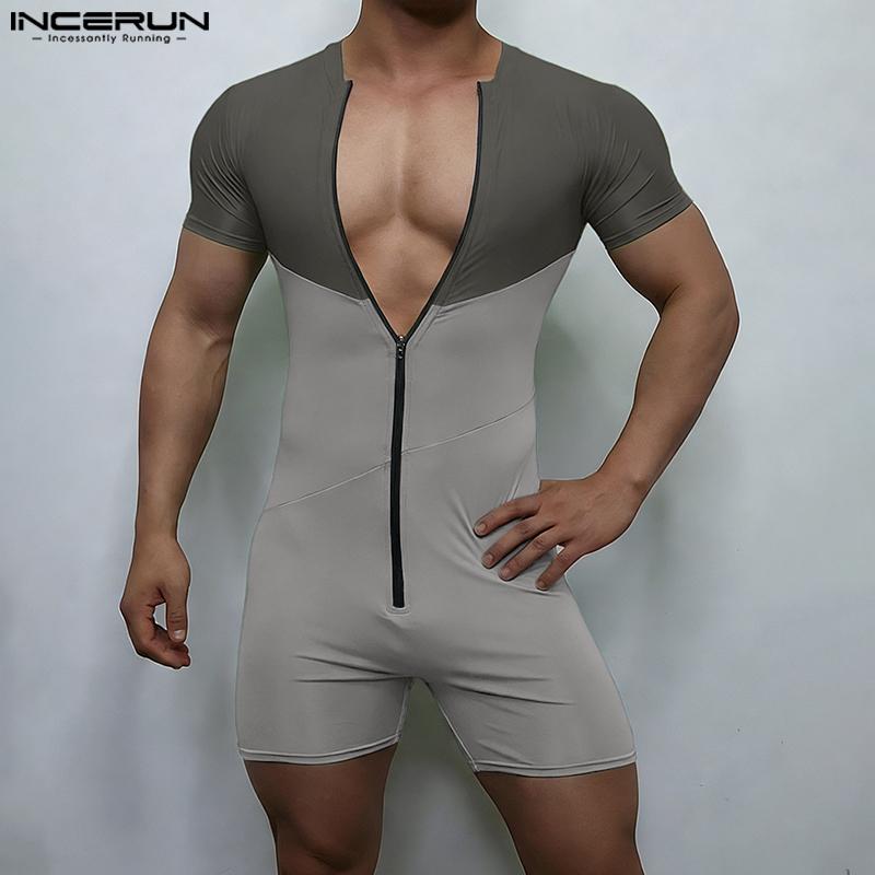 INCERUN Combinaisons Rompers Sous-vêtements Vêtements d'intérieur pour Hommes à Manches Courtes avec Fermeture Éclair et Coutures