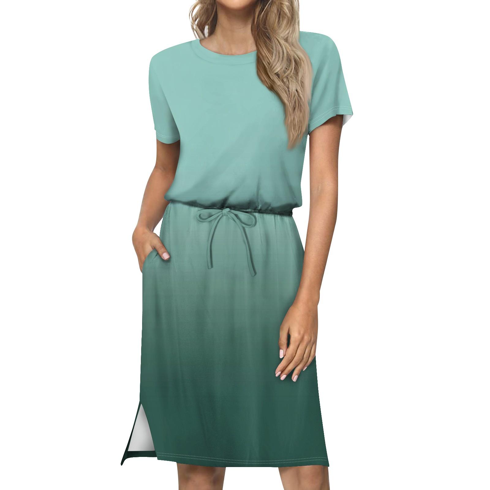 Женское свободное свободное повседневное платье с круглым вырезом и короткими рукавами — фото 6