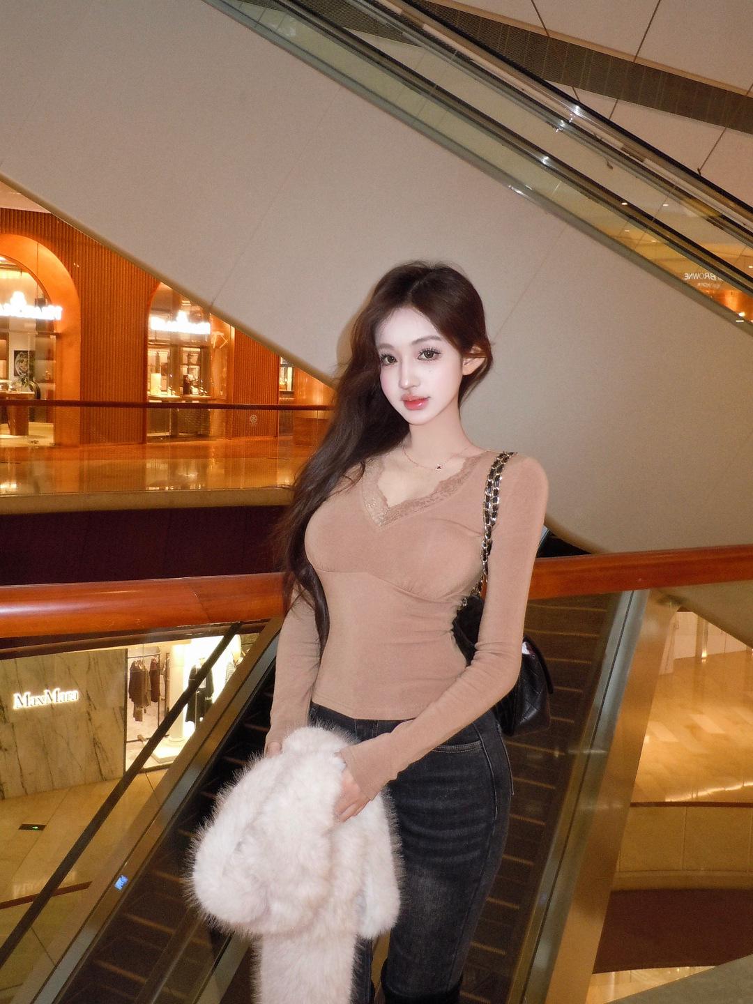 Blue V-Neck Lace Patchwork Slim-Fit Long-Sleeve Top for Women S