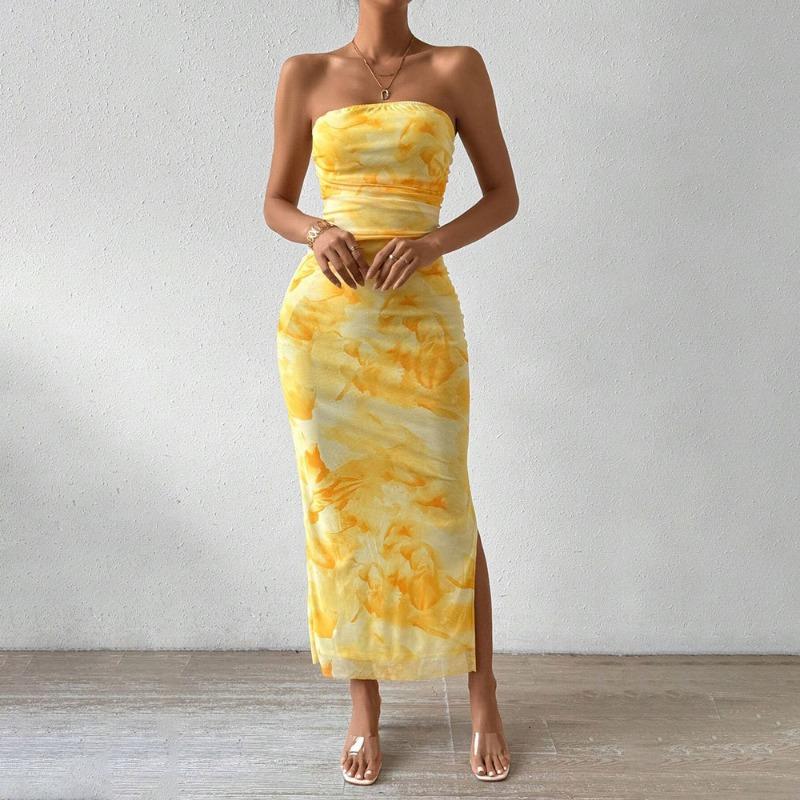 

Elegant Printed Strapless Hip Hugging Long Dress Summer 2026 Sleeveless Slit High Waist Slim Fit A-line Holiday Party Dress Sweet Casual Clothing S