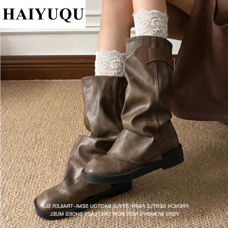 Ploché Platforma Dámské Kozačky do Poloviny Lýtka Robustní Podpatky Kožené Goth Boty Trend Zimní Dámské Teplé Kotníkové Sněhule Mujer Zapatos