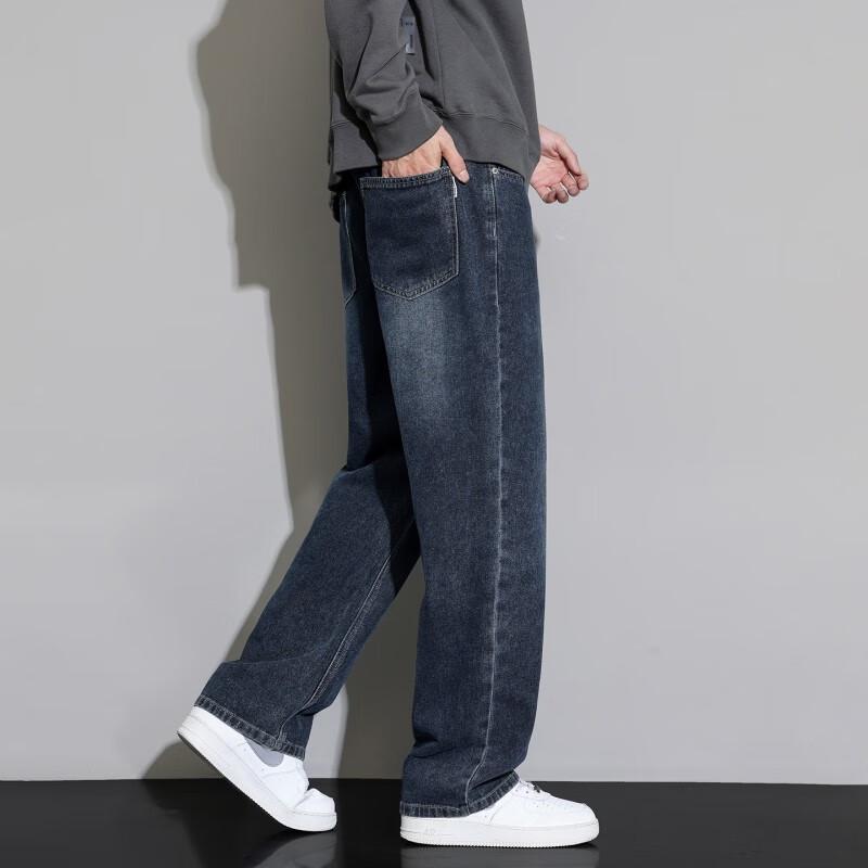 VANCAMEL Men's American Retro Loose Fit Straight-Leg Washed Jeans