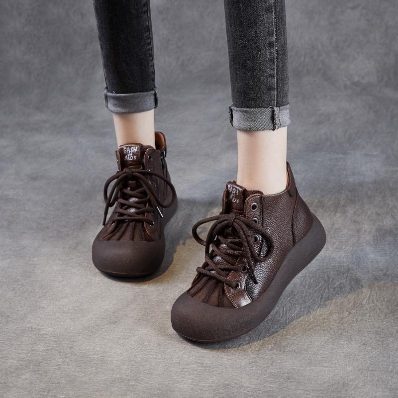 Fashion 2025 Autumn and Winter New 4cm Handmade Genuine Leather Women's Shoes Retro Flat Versatile Soft Cowhide Lace Up Short Boots