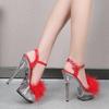 Fashion Sandals Women Transparent Fluffy Ankle Buckle Stiletto High Heels Nightclub Runway Show Shoes