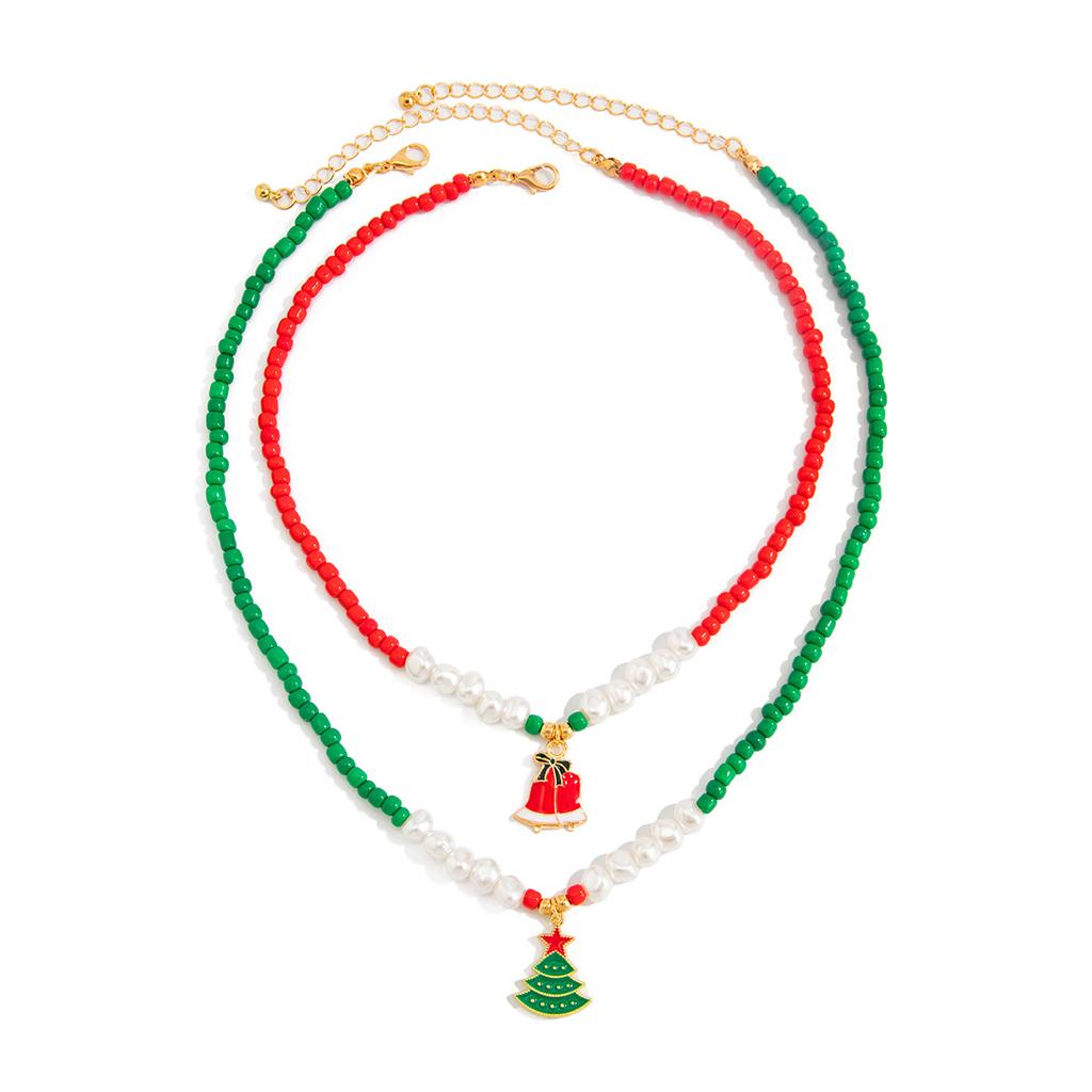 Collier clavicule perles nacrées imitation de Noël, Style festif empilé avec un collier Père Noël Cerf