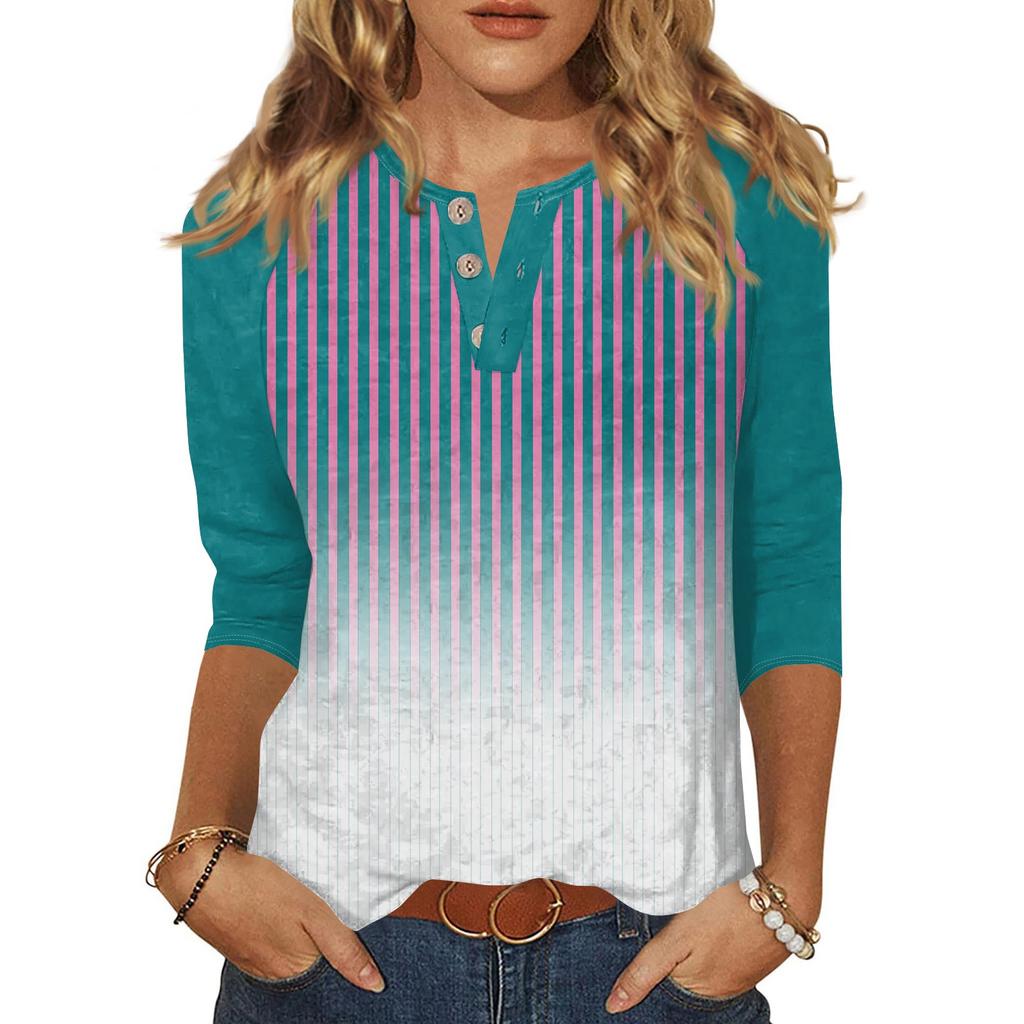 Dámské tričko s potiskem, knoflíky, 3/4 rukávy, pro každý den, na víkend, módní, základní, s výstřihem do V, běžný top